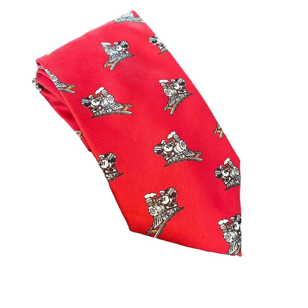 Mickey Unlimited Red Mens Tie With Mickey Mouse on a Train